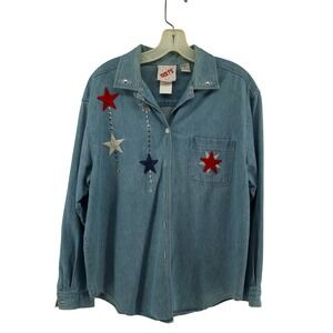 Vintage Iced T's Denim Shirt Womens L Star Patch Button Down Patriotic (flaw)